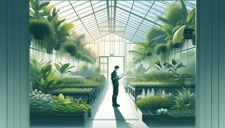 man using a tablet in a greenhouse